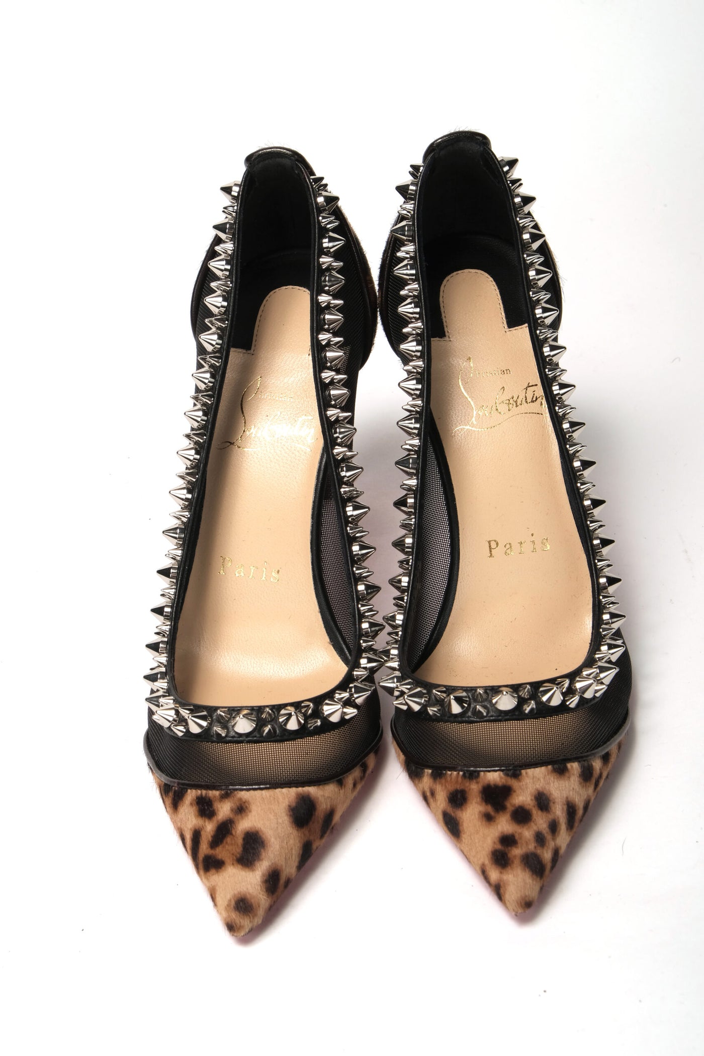 Brown Silver Leopard  Nappa And Mesh Studded High Heels Pumps