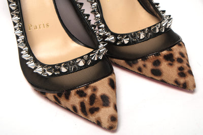 Brown Silver Leopard  Nappa And Mesh Studded High Heels Pumps