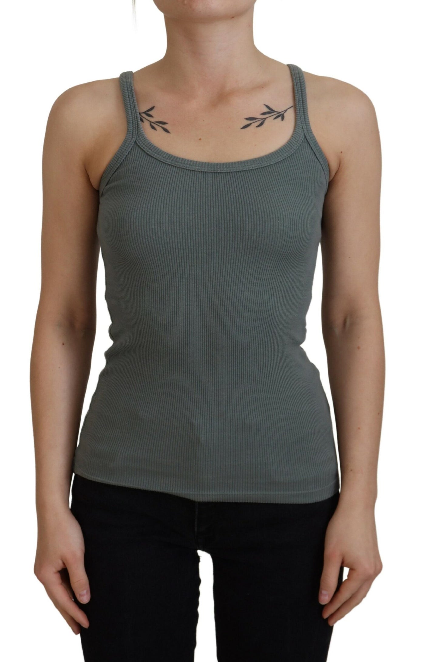 Green Cotton Slim Sleeveless Round Neck Tank Top