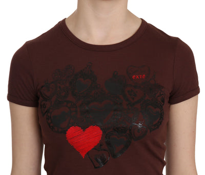 Brown Heart Print Crew Neck T-shirt Short Sleeve Blouse