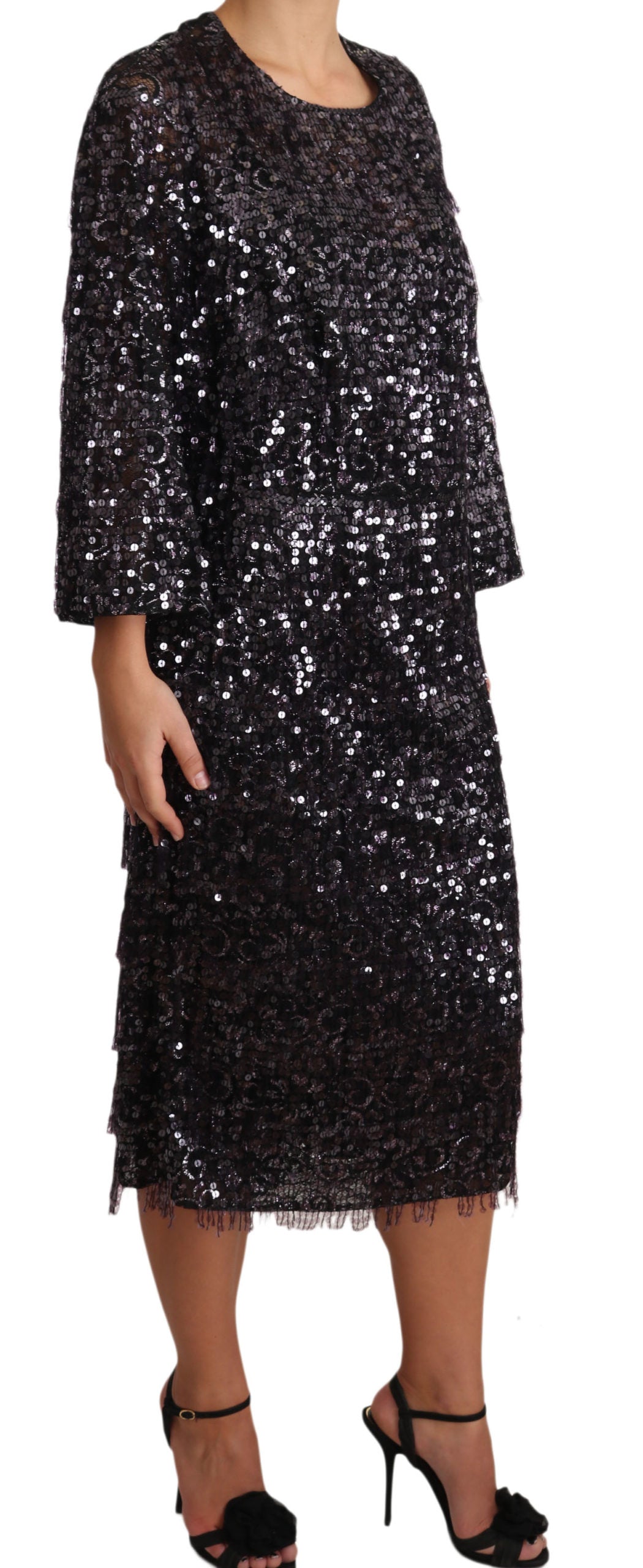 Black Sequined Long Sleeve Shift Midi Dress