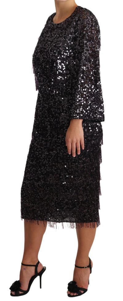 Black Sequined Long Sleeve Shift Midi Dress