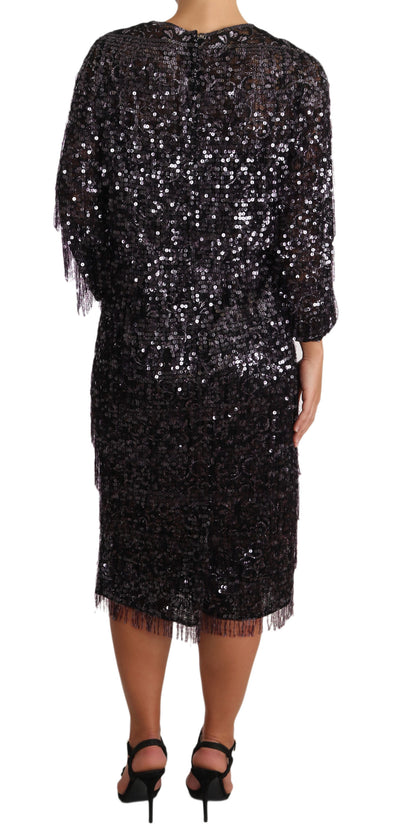 Black Sequined Long Sleeve Shift Midi Dress