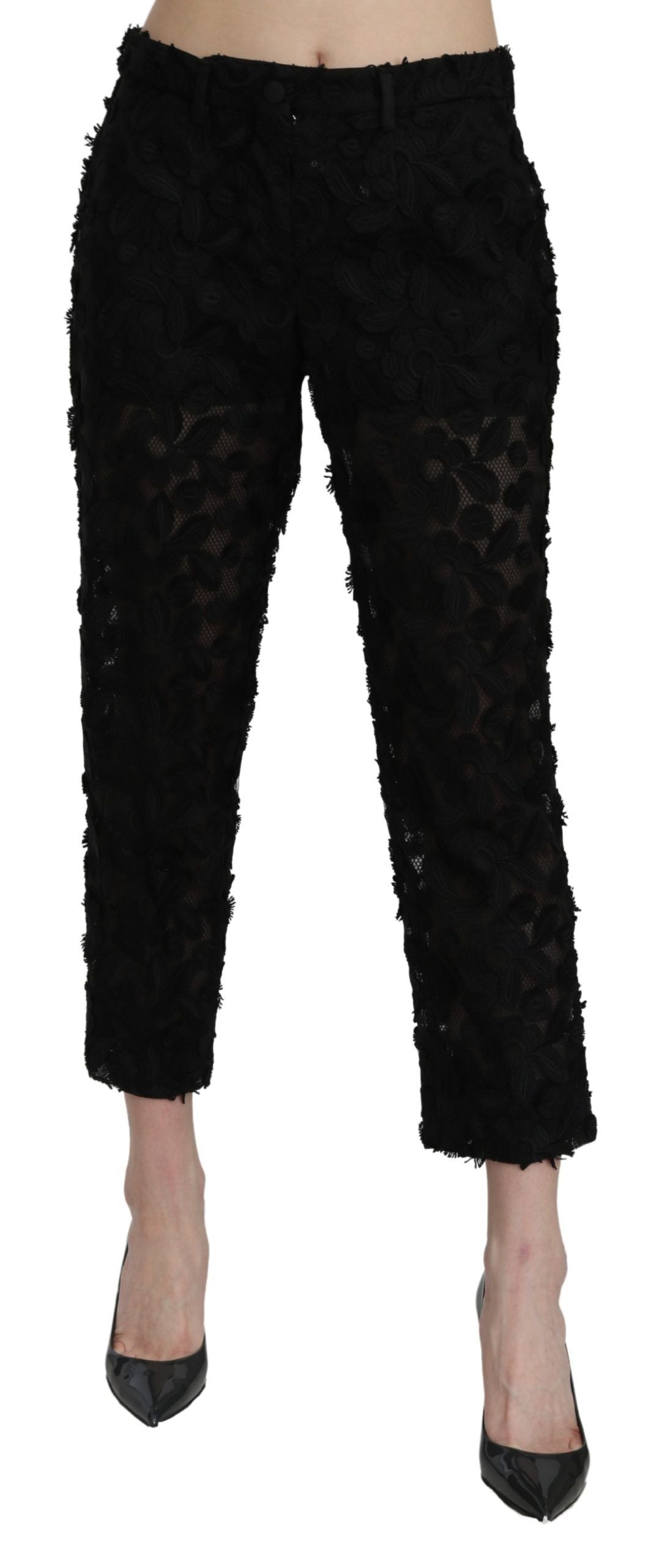 Black Lace Straight Cropped High Waist Pants