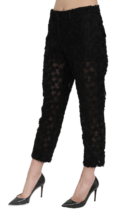 Black Lace Straight Cropped High Waist Pants