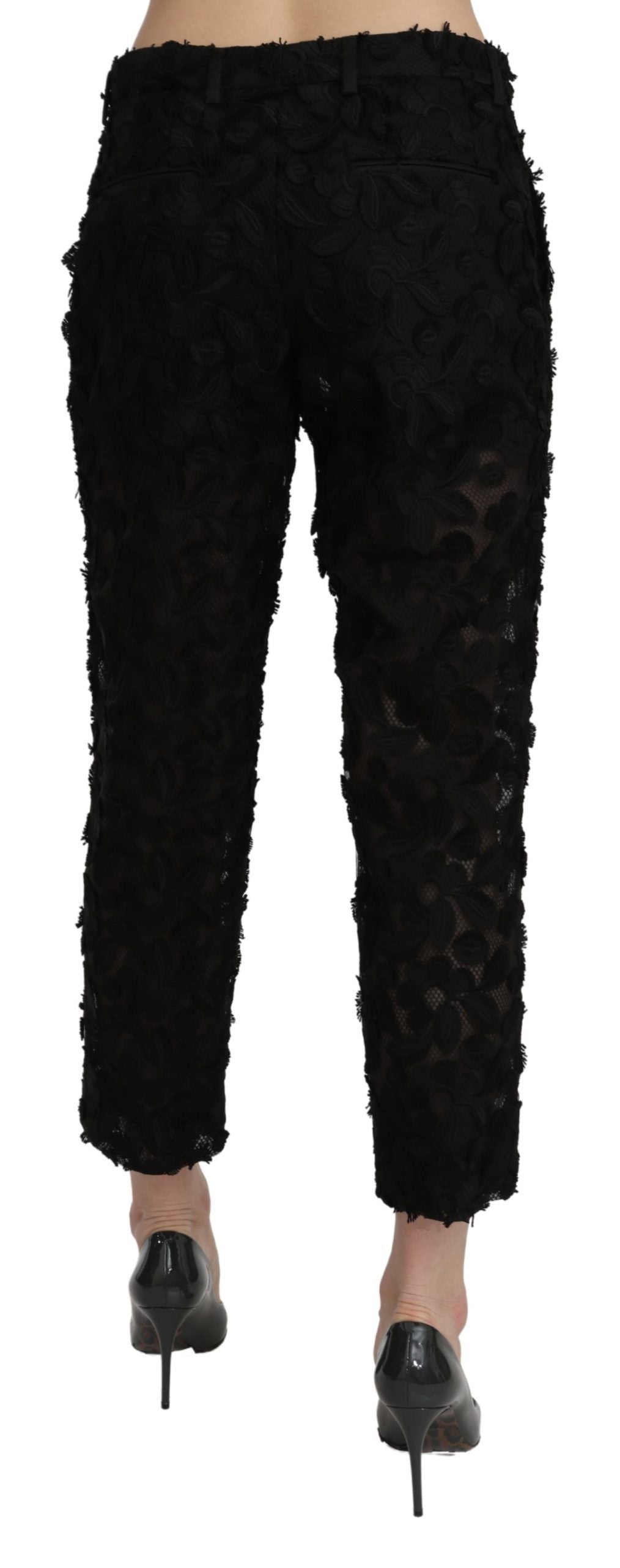 Black Lace Straight Cropped High Waist Pants