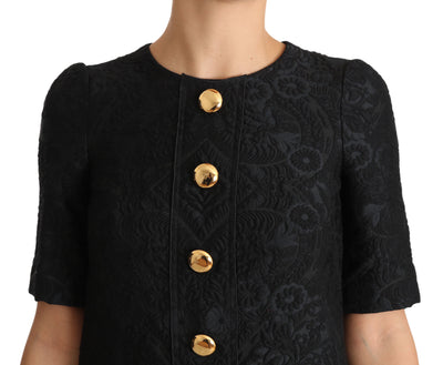 Black Button Embellished Jacquard Mini Dress