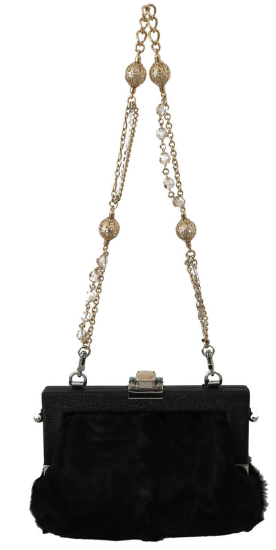 Black Fur Brocade Crystal Shoulder VANDA Purse