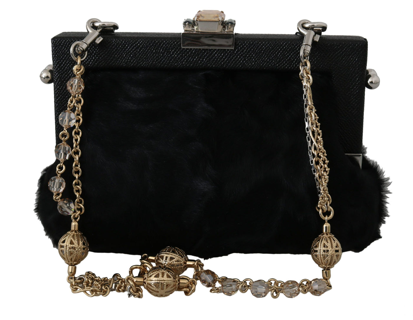 Black Fur Brocade Crystal Shoulder VANDA Purse