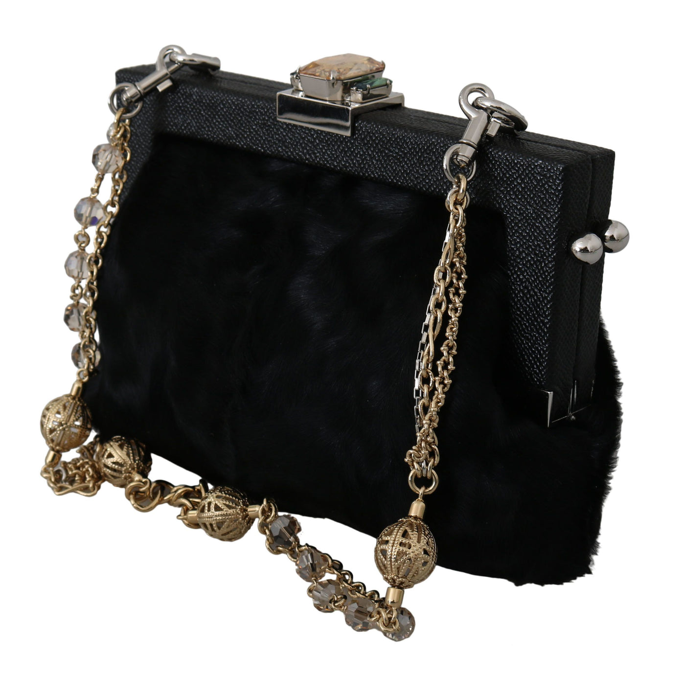 Black Fur Brocade Crystal Shoulder VANDA Purse