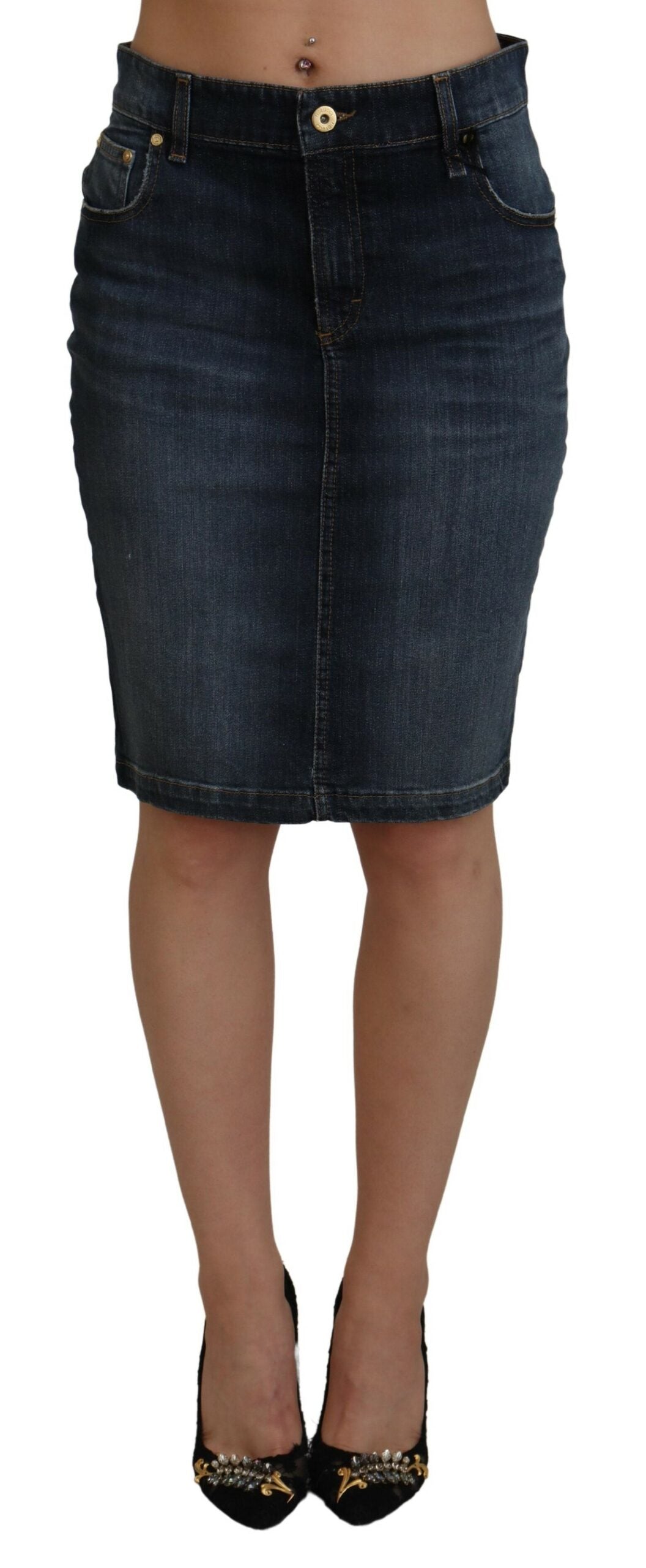 Dark Blue Washed Mid Waist Pencil Cut Denim Skirt