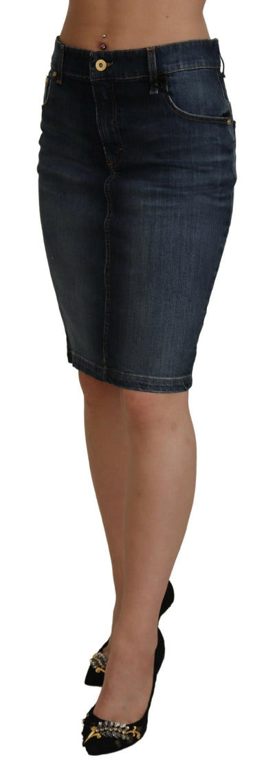 Dark Blue Washed Mid Waist Pencil Cut Denim Skirt