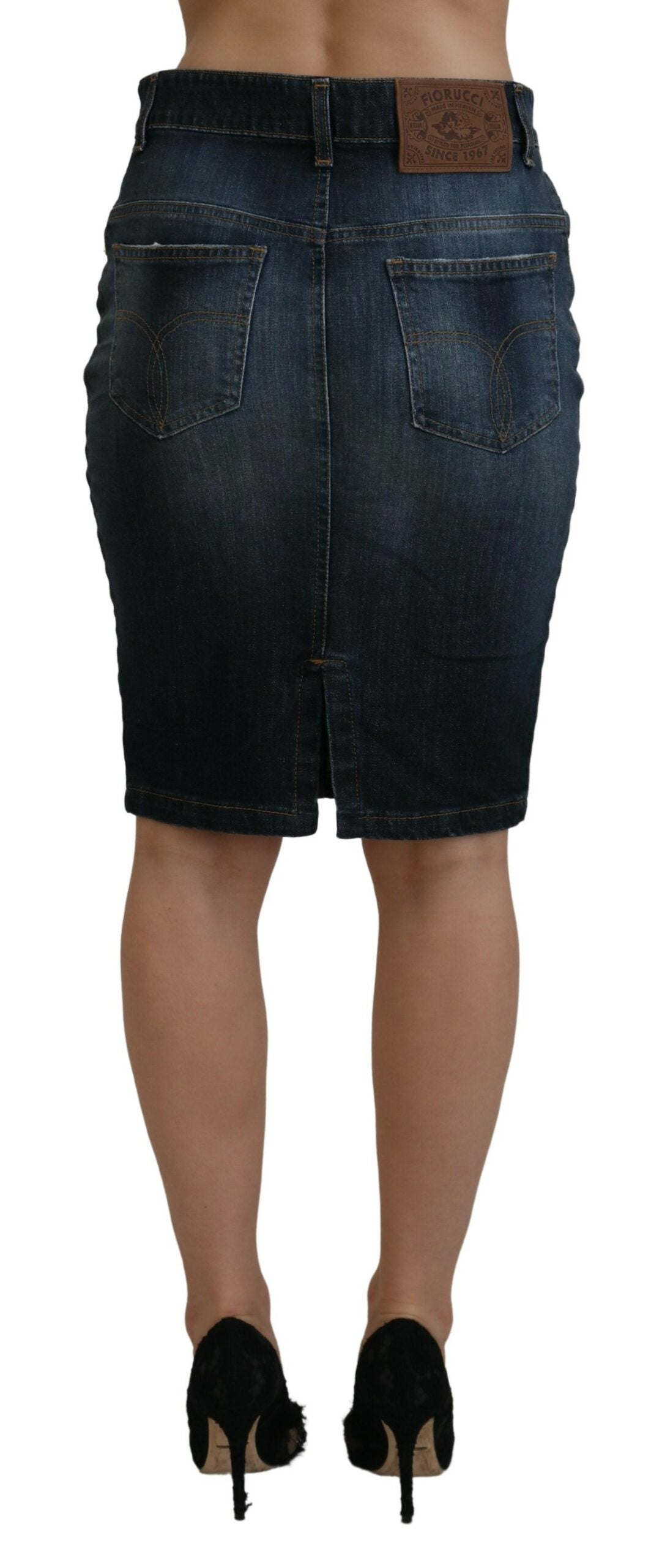 Dark Blue Washed Mid Waist Pencil Cut Denim Skirt