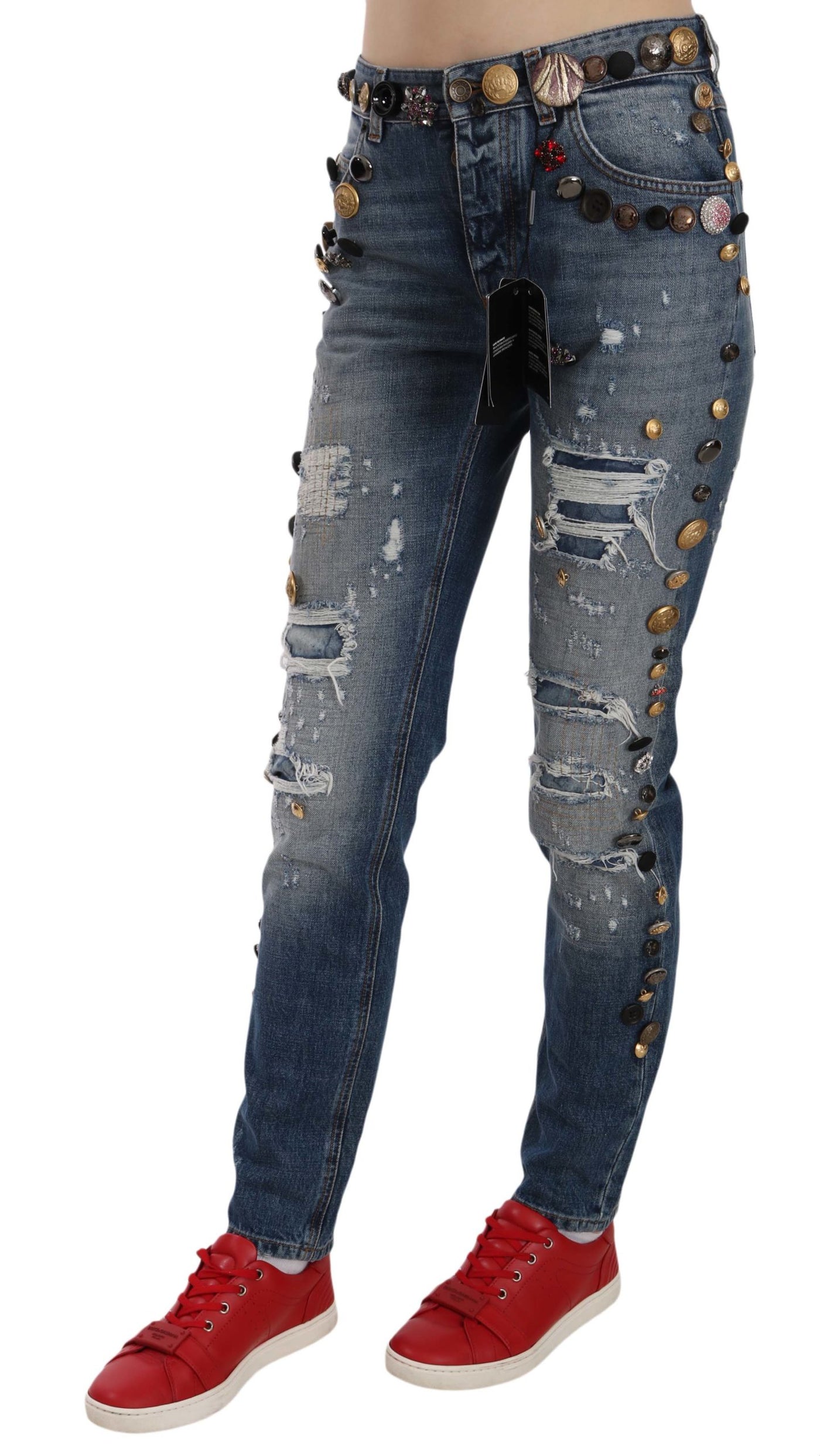 Distressed Embellished Buttons Denim Pants Jeans