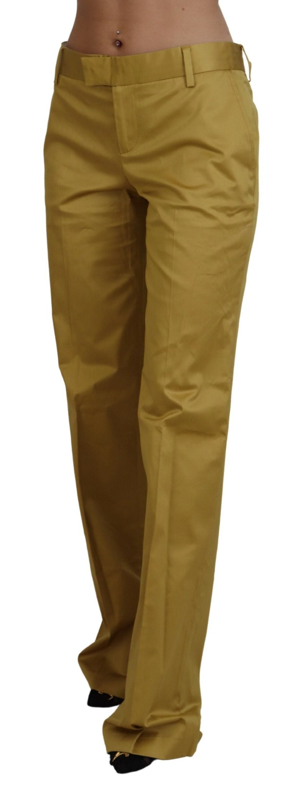 Gold Cotton Mid Waist Women Pants