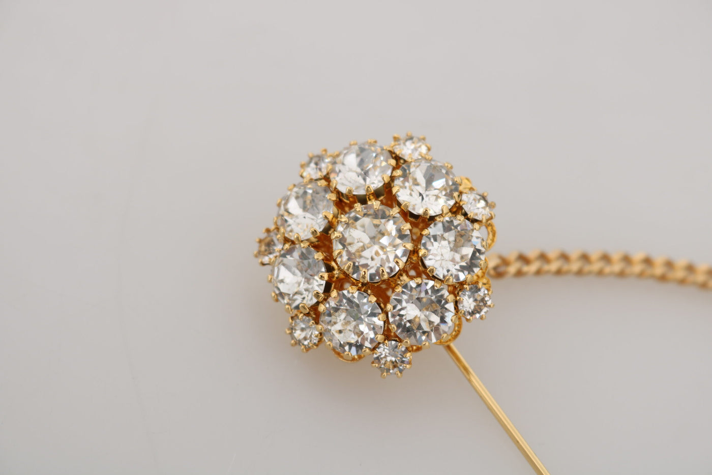 Gold Brass Clear Crystal Chain Pin Women Brooch