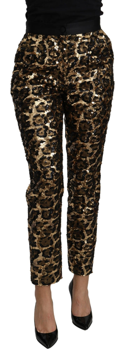 Gold Brown Leopard Sequined High Waist Pants