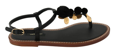 Black Leather Coins Flip Flops Sandals Shoes