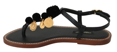 Black Leather Coins Flip Flops Sandals Shoes