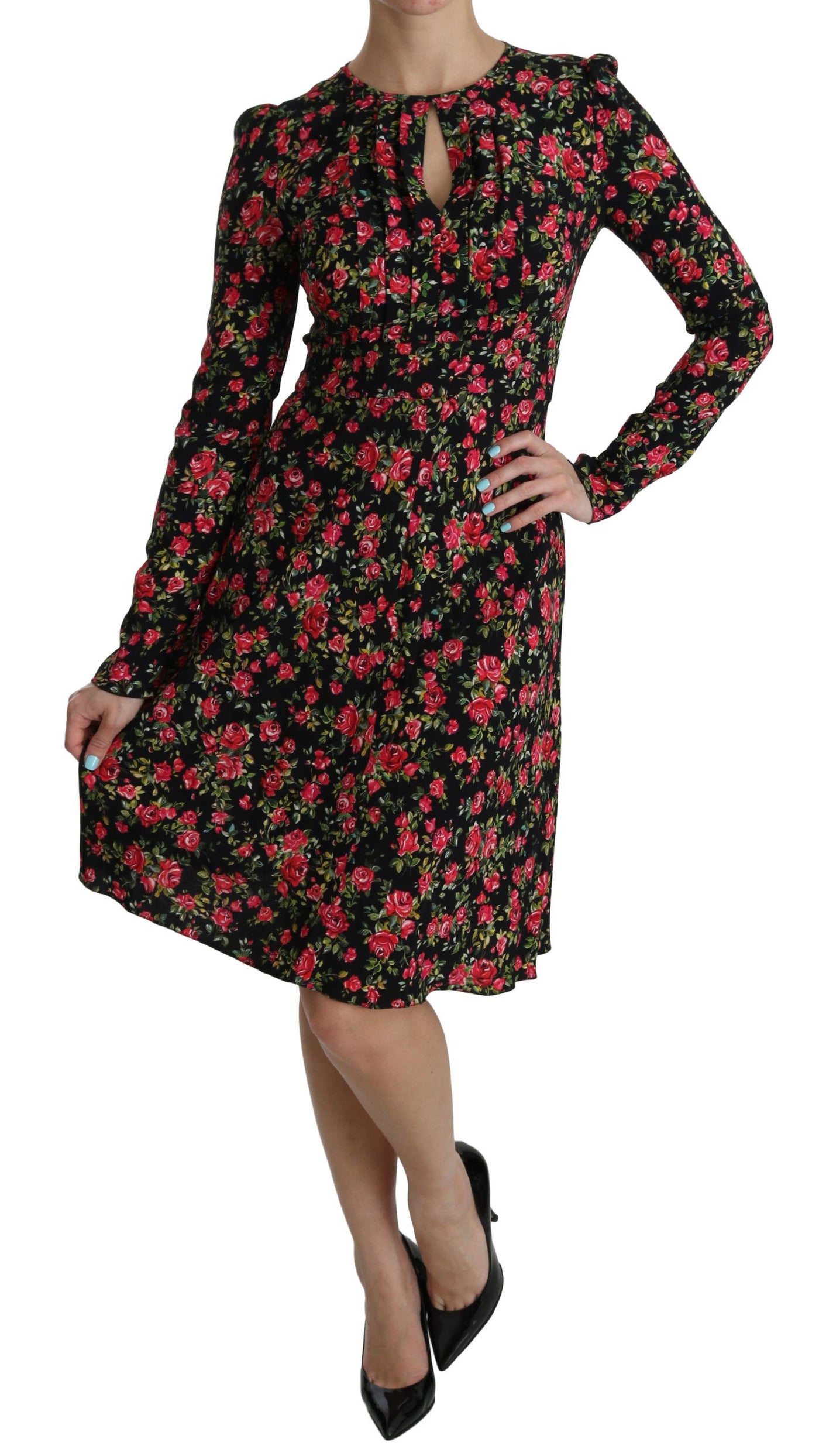 Black Floral Longsleeve Knee Length Dress