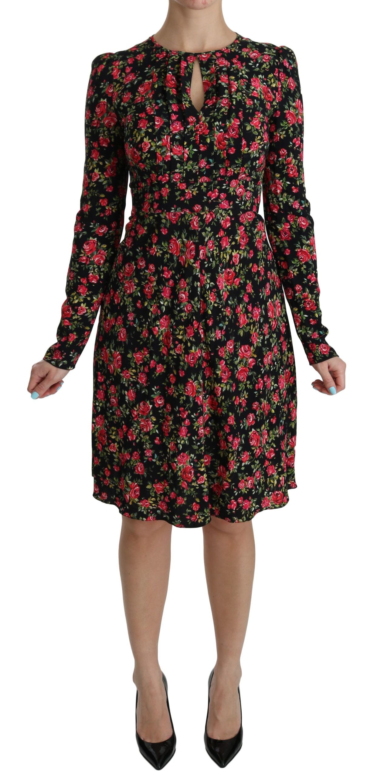 Black Floral Longsleeve Knee Length Dress