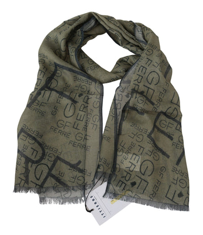 Green Wool Viscose Foulard Patterned Branded Scarf