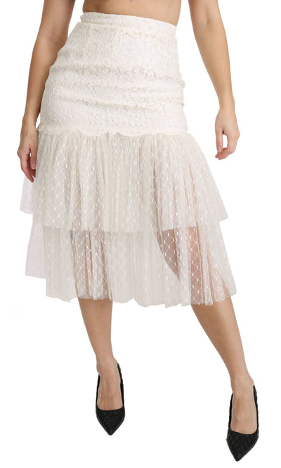 White Lace Layered High Waist Midi Cotton  Skirt