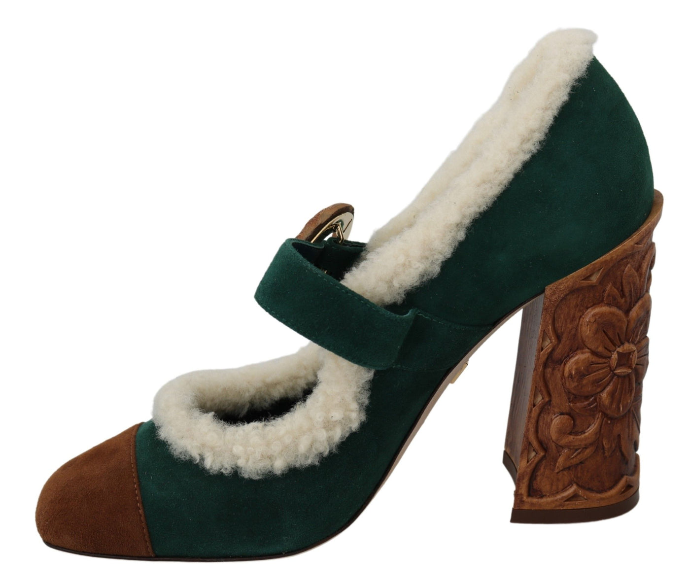 Green Suede Fur Shearling Mary Jane Shoes