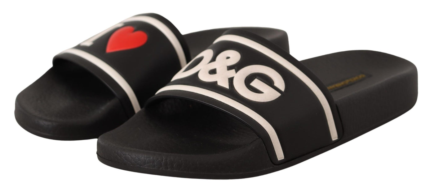 Black Leather I Love D&G Slides Sandals