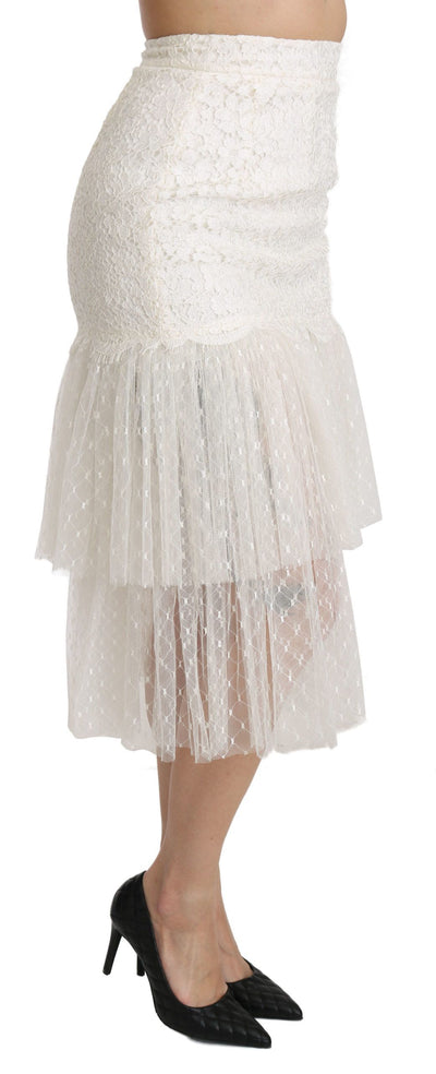 White Lace Layered High Waist Midi Cotton  Skirt