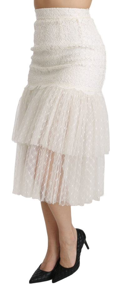 White Lace Layered High Waist Midi Cotton  Skirt