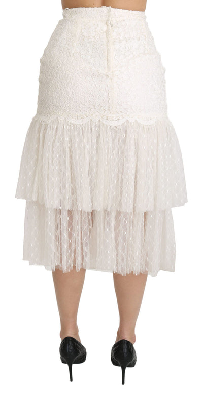 White Lace Layered High Waist Midi Cotton  Skirt