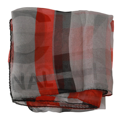 Red 100% Silk Branded Gray Scarf