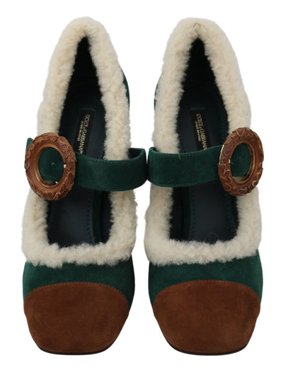 Green Suede Fur Shearling Mary Jane Shoes