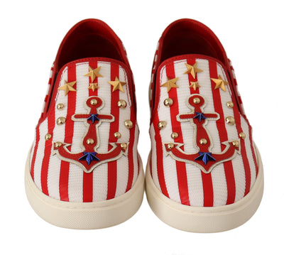 Red White Anchor Studded Loafers Shoes