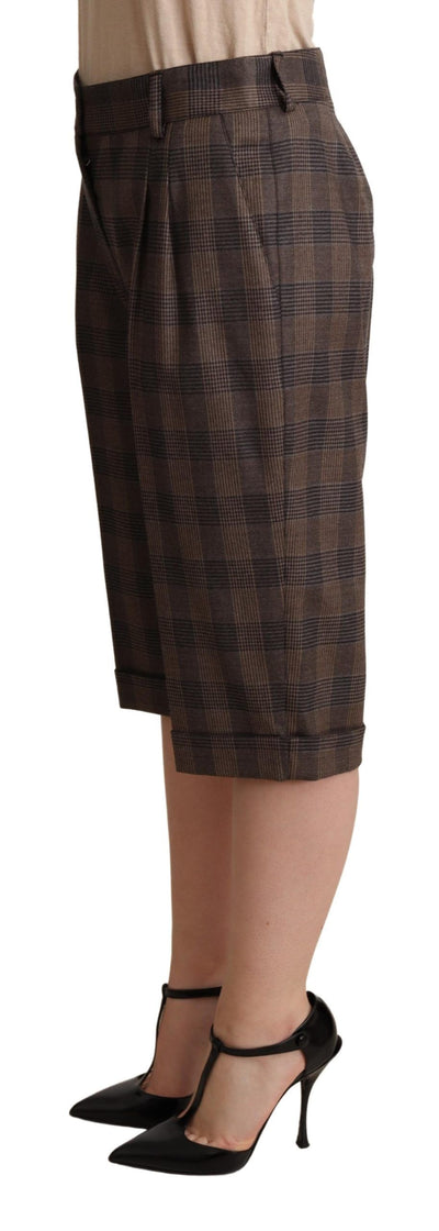 Brown Checkered Wool Bermuda Mid Waist Shorts