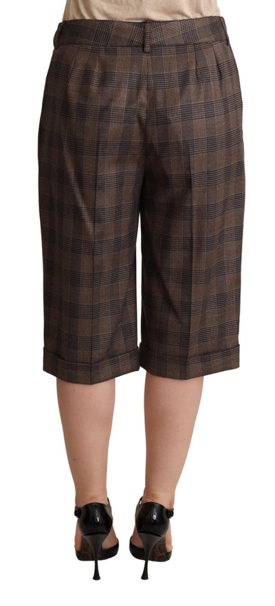 Brown Checkered Wool Bermuda Mid Waist Shorts