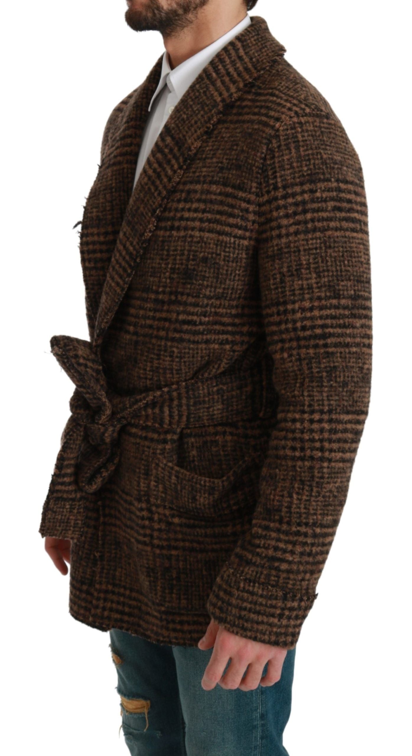 Brown Checkered Wool Robe Coat  Wrap Jacket