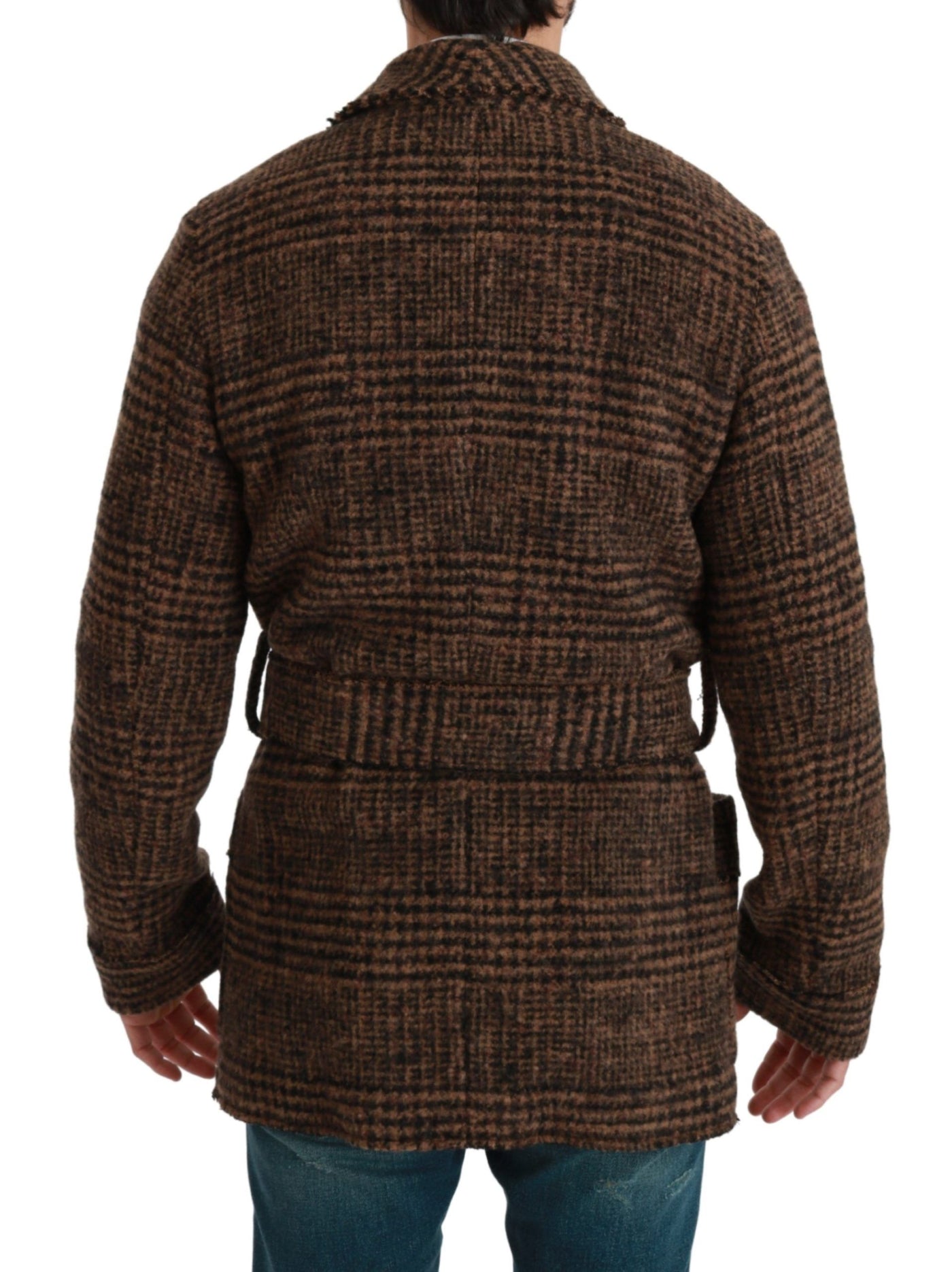 Brown Checkered Wool Robe Coat  Wrap Jacket