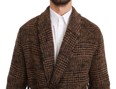 Brown Checkered Wool Robe Coat  Wrap Jacket