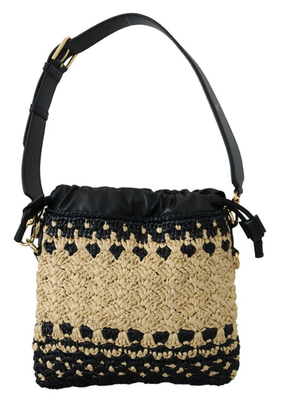 Beige Black Raffia Leather Shoulder Hand Purse Bag