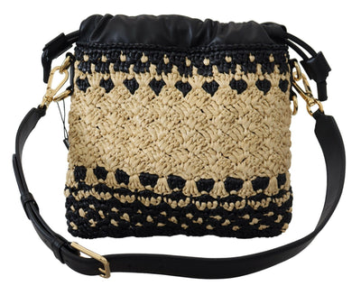 Beige Black Raffia Leather Shoulder Hand Purse Bag