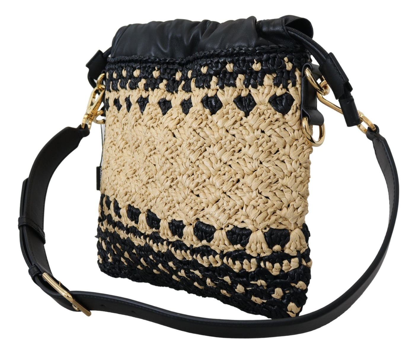 Beige Black Raffia Leather Shoulder Hand Purse Bag