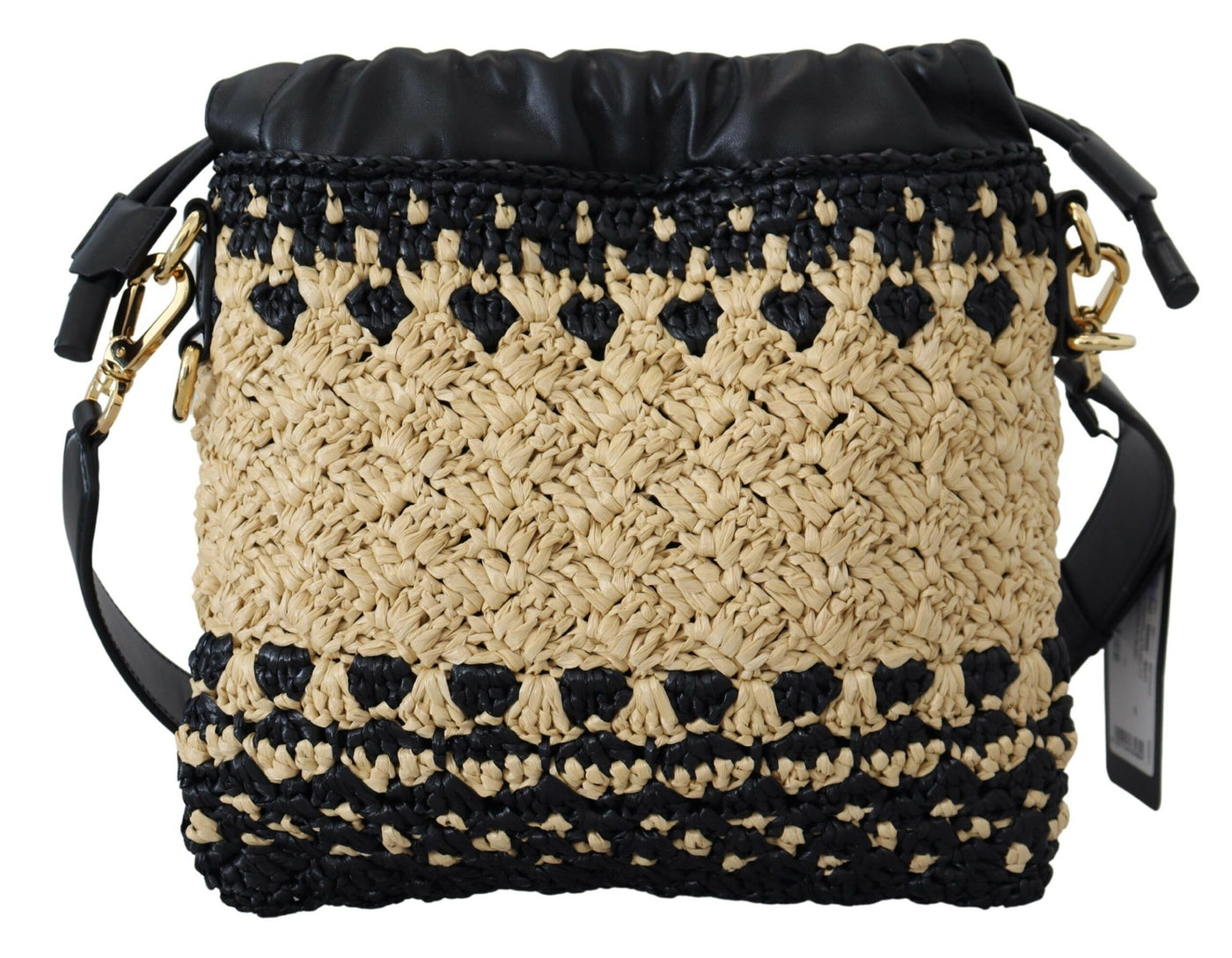 Beige Black Raffia Leather Shoulder Hand Purse Bag