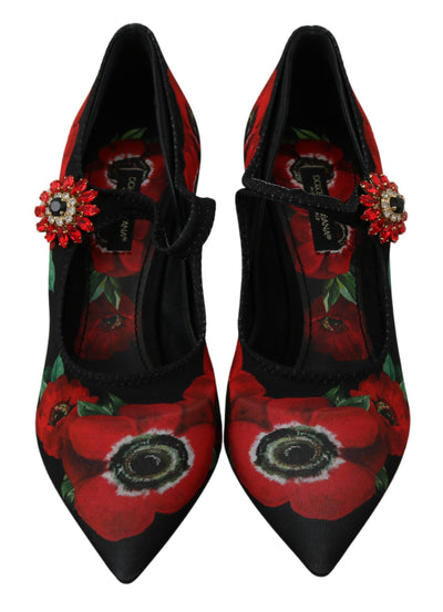 Black Red Floral Mary Janes Pumps Shoes