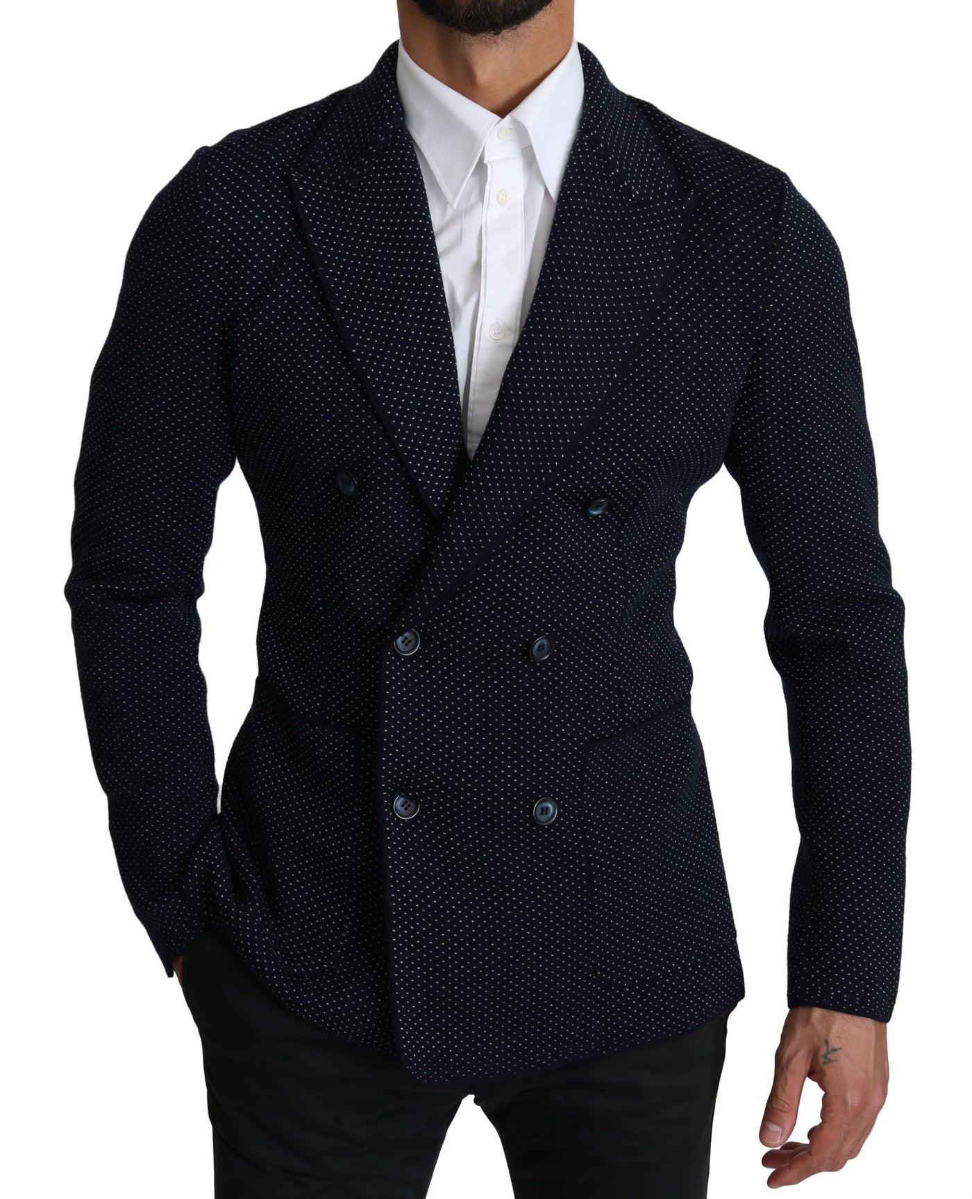 Dark Blue Dotted Double Breasted Coat Blazer