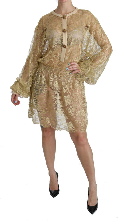 Gold Lace See Through A-Line Knee Length Dress