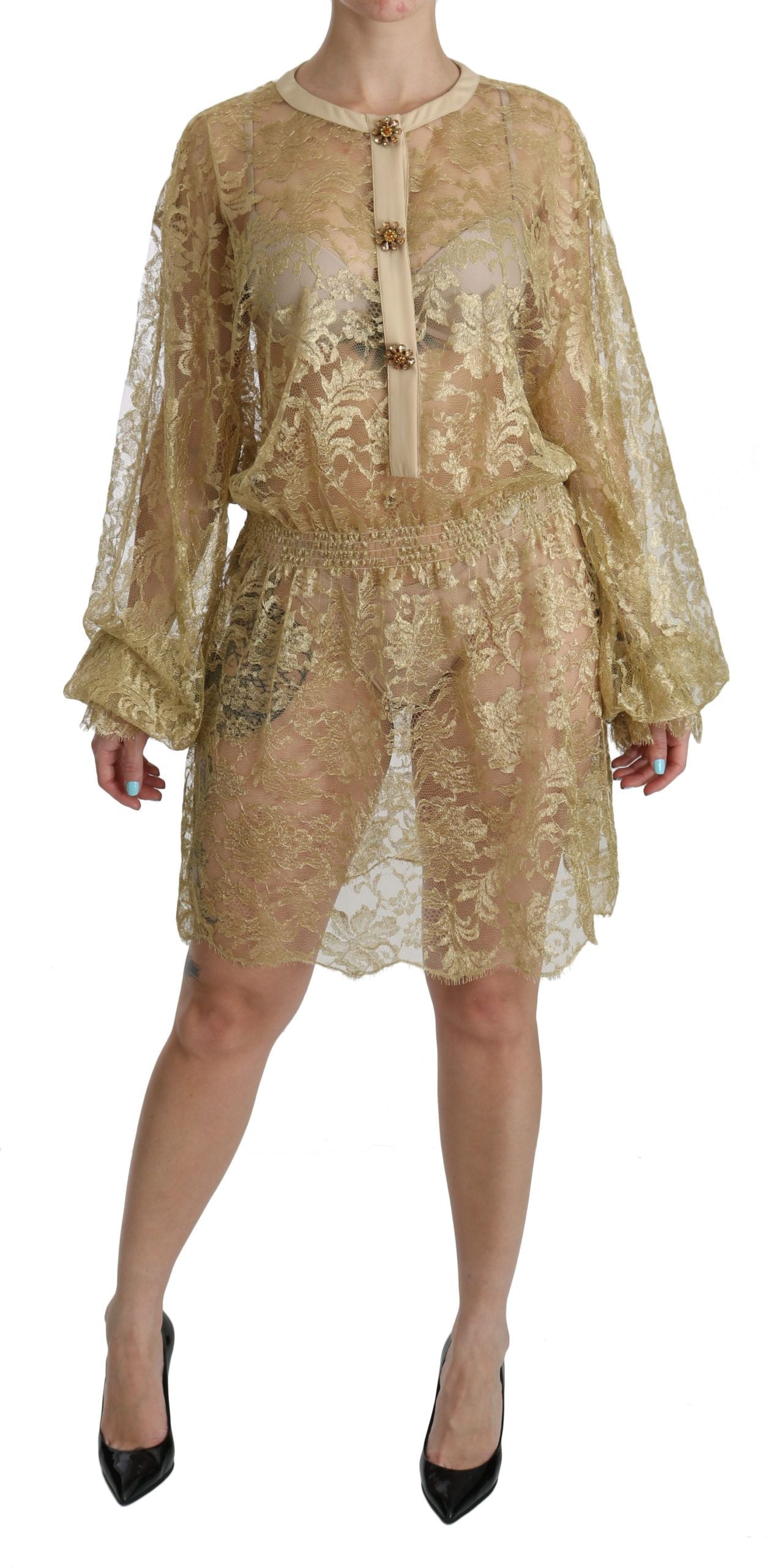 Gold Lace See Through A-Line Knee Length Dress