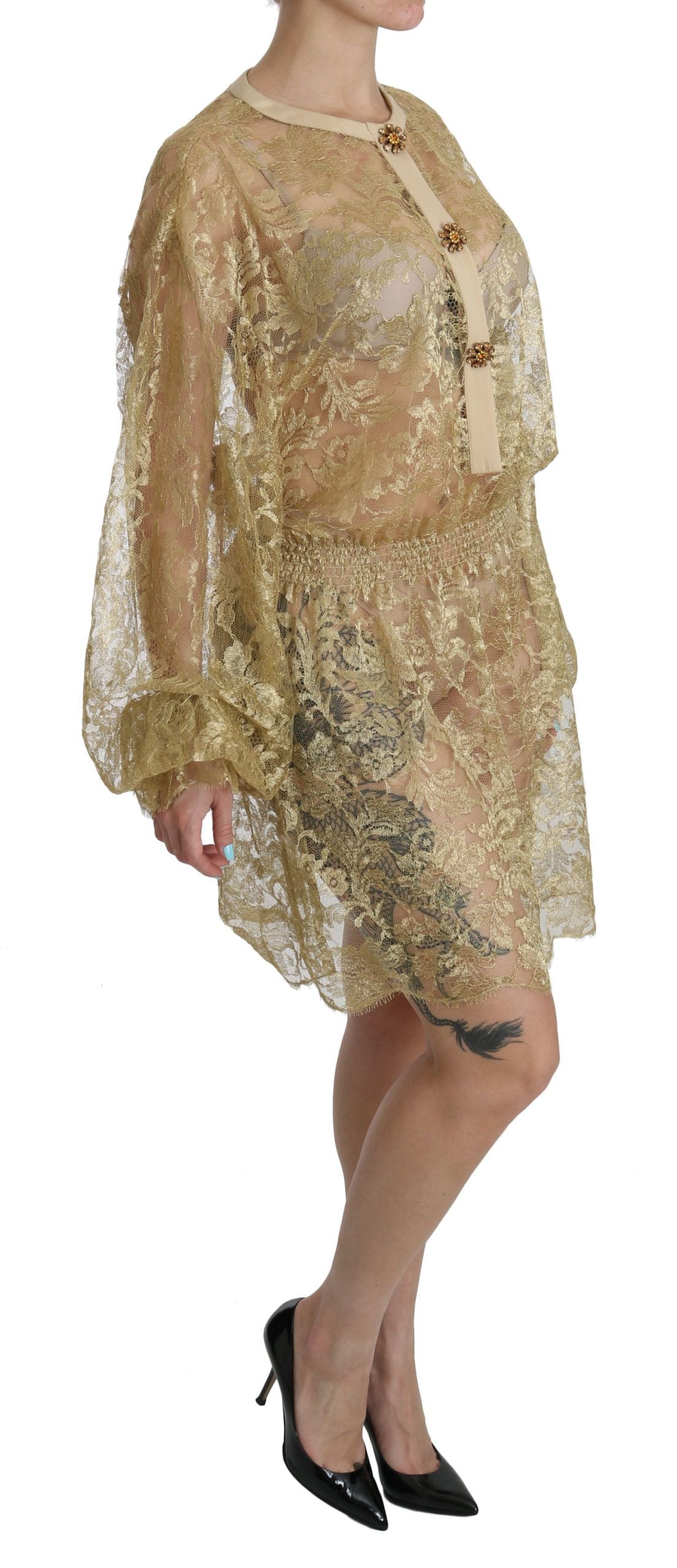 Gold Lace See Through A-Line Knee Length Dress