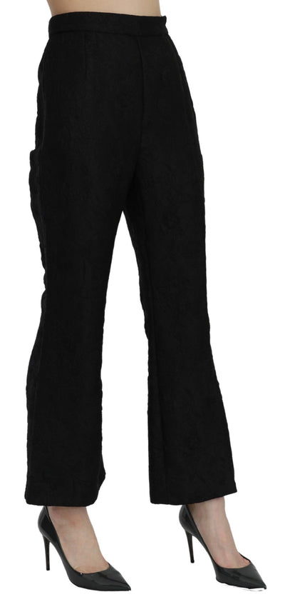 Black High Waist Flared Cropped Brocade Pants